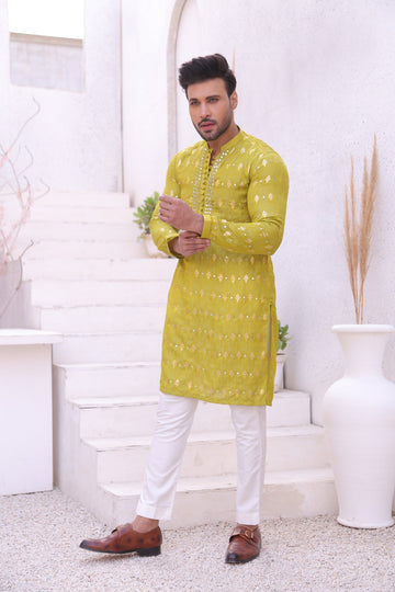 FLouroscent Color Mirror Work Embroidery Kurta Pajama For Men